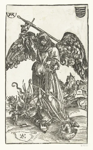 Aartsengel Michaël doodt Satan en weegt een ziel by Unknown, print, 1506