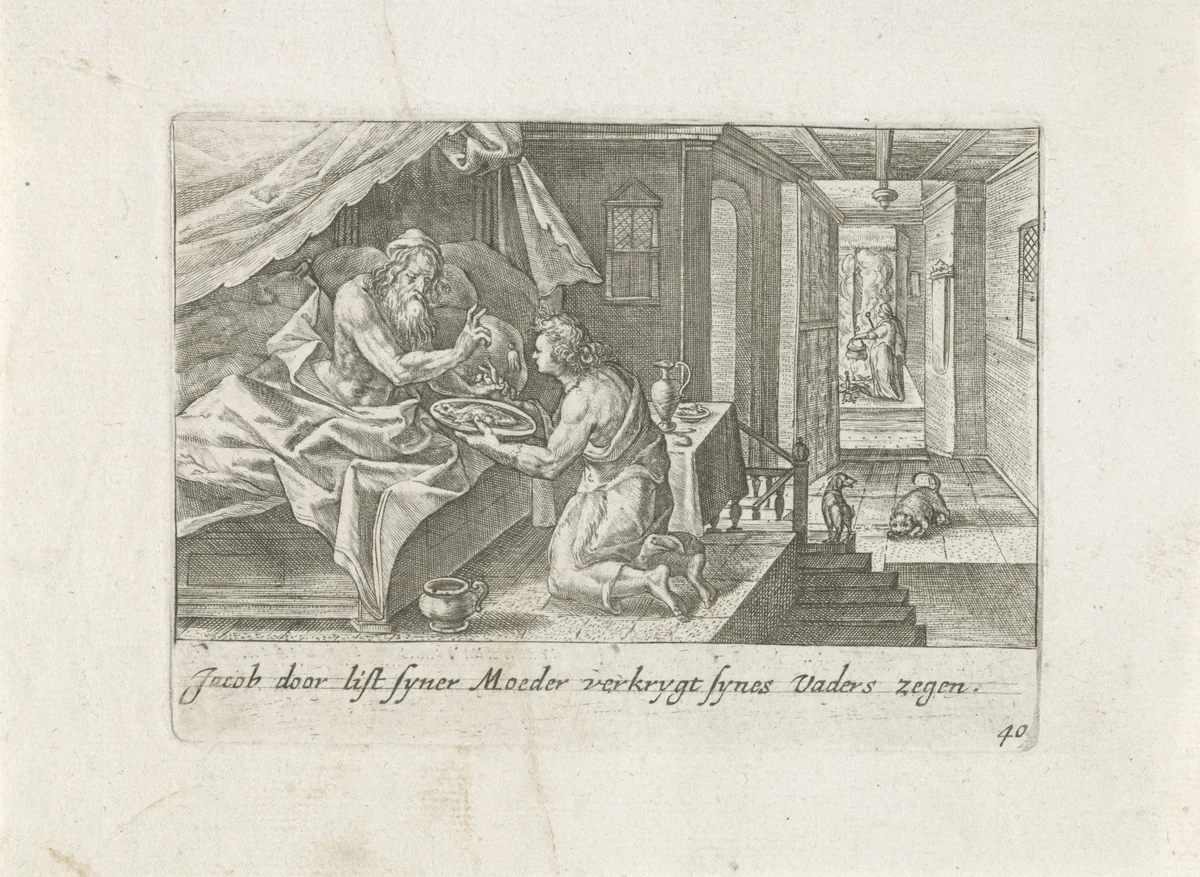 Isaak zegent Jakob by Crispijn van de Passe, print, 1700-1750
