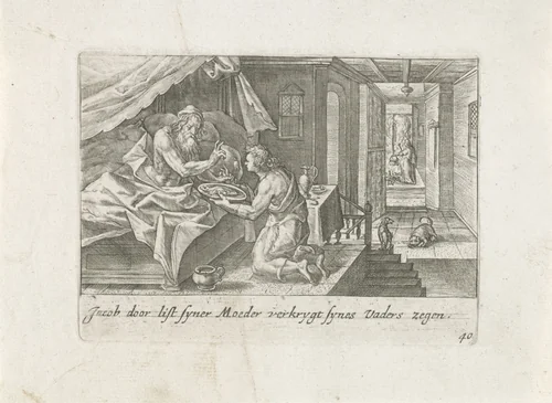 Isaak zegent Jakob by Crispijn van de Passe, print, 1700-1750