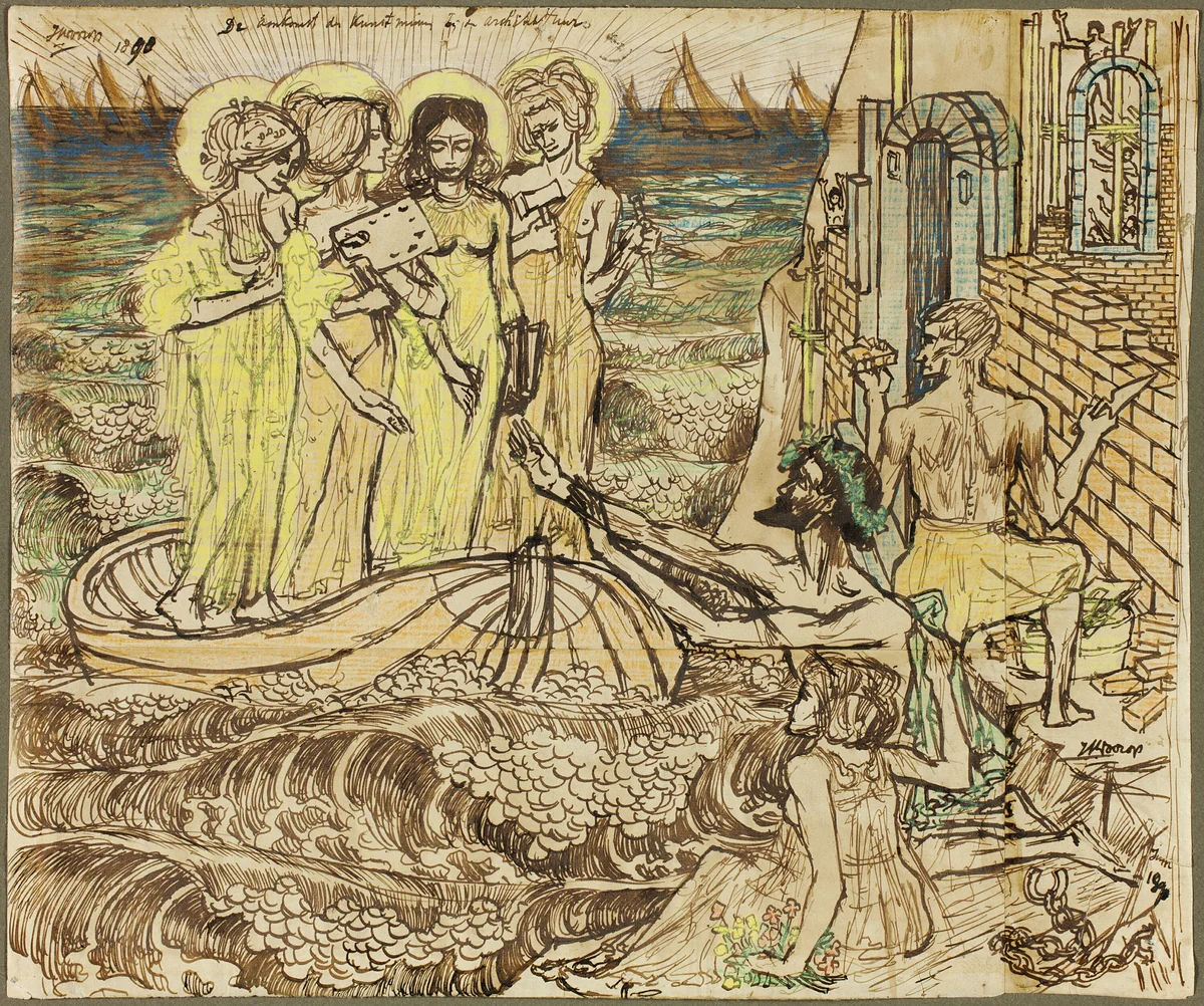 The Arrival of the Muses of Art at Architecture by Jan Toorop, print, 1890