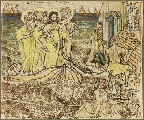 The Arrival of the Muses of Art at Architecture by Jan Toorop, print, 1890