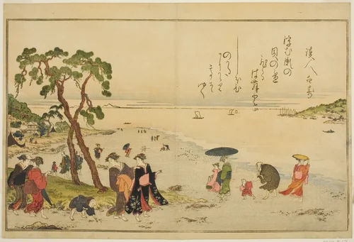 Gathering Shells at Low Tide, from the illustrated book "Gifts from the Ebb Tide (Shiohi no tsuto)" by Kitagawa Utamaro (喜多川歌麿), print, 1789