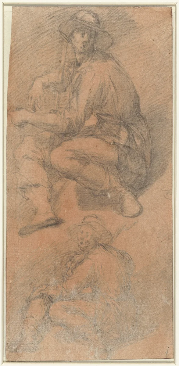 Twee figuurstudies van een zittende man by Bernardino Poccetti, drawing, 1558-1612