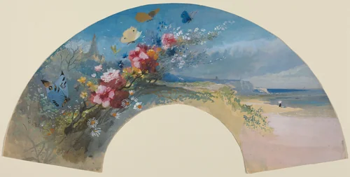 Fan with Wildflowers and Butterflies against the Norman Coast by Félix-Hilaire Buhot, drawing, 1875