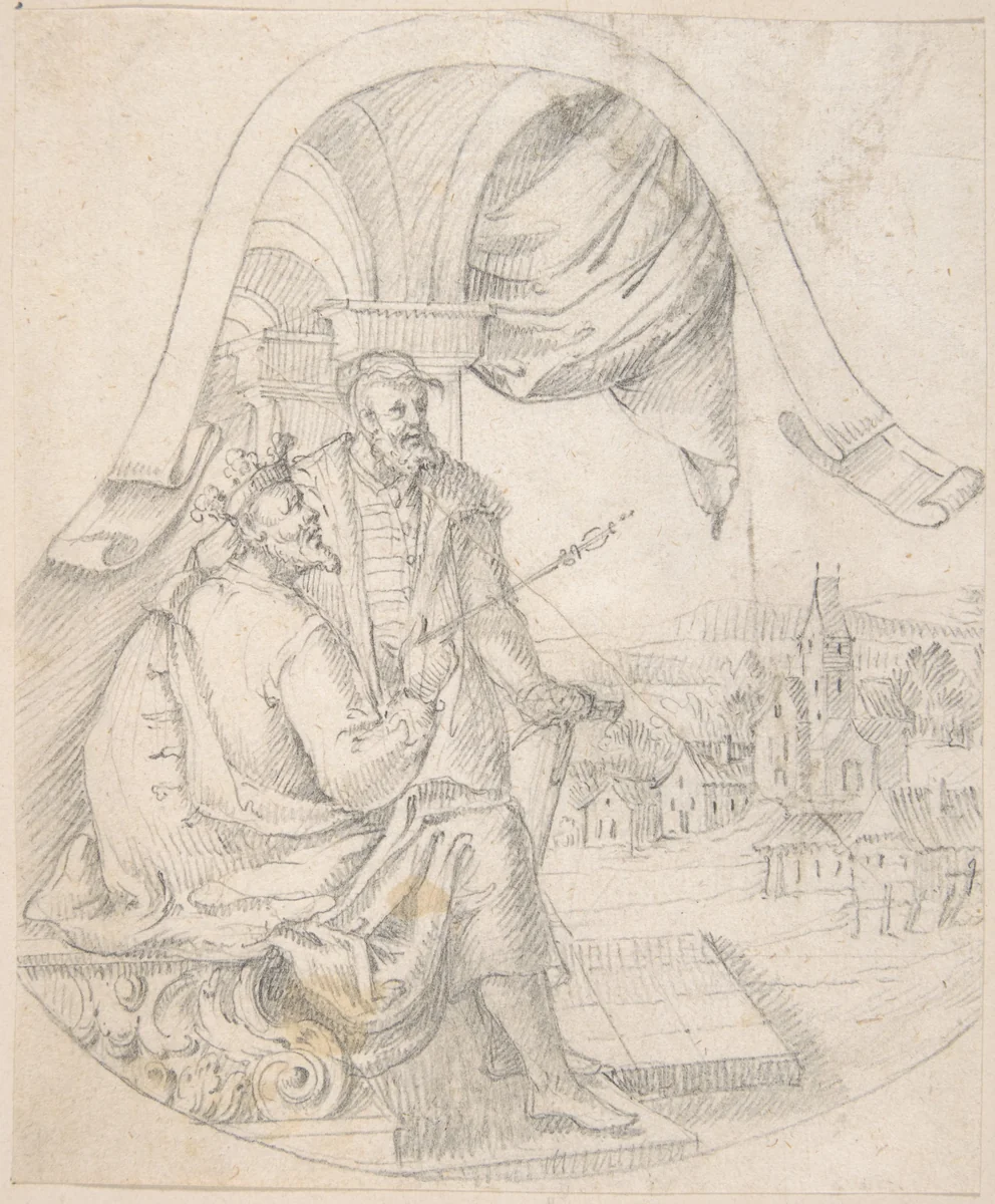 Design for an Illustration: King and Courtier against a Landscape by anonymous, drawing, 1800-1900