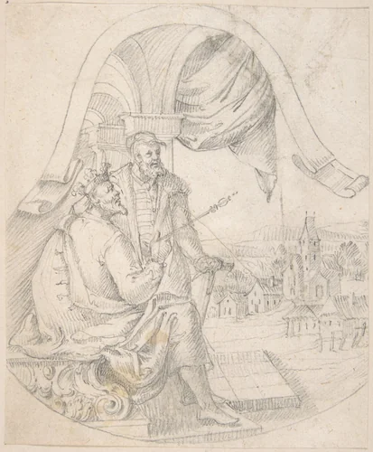 Design for an Illustration: King and Courtier against a Landscape by anonymous, drawing, 1800-1900