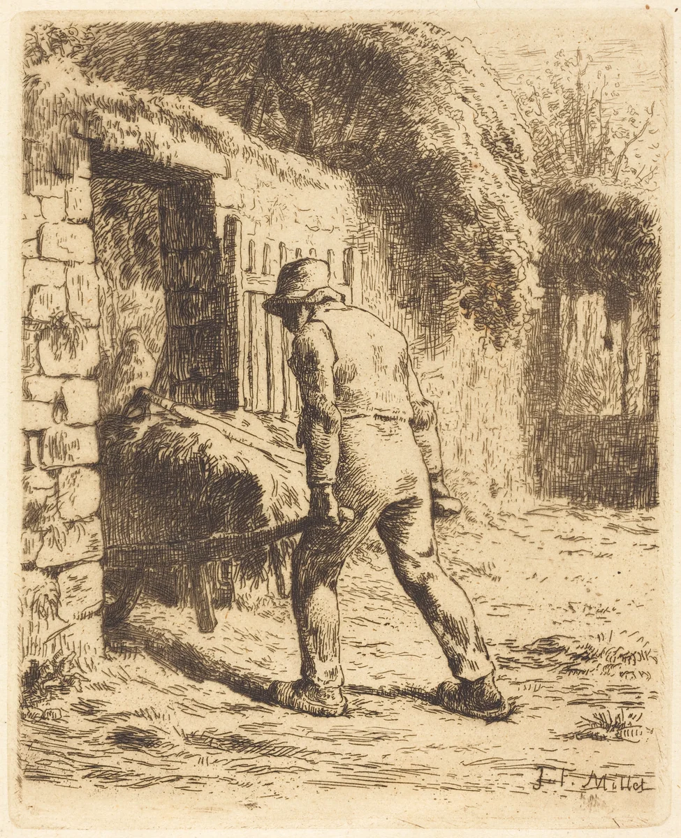 Man with Wheelbarrow (Le paysan rentrant du fumier) by Jean-François Millet, print, 1855