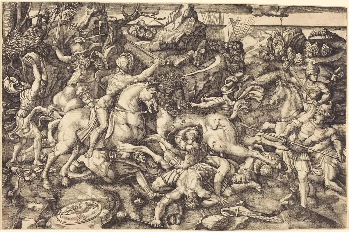 Combat between Horsemen and Foot Soldiers by Hieronymus Hopfer; Raphael, print, 1500-1550