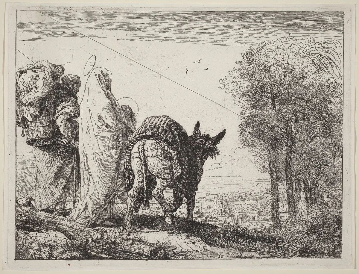 The Flight with the Holy Family at the Left by Giovanni Domenico Tiepolo, print, 1753
