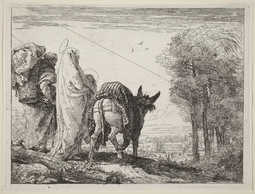 The Flight with the Holy Family at the Left by Giovanni Domenico Tiepolo, print, 1753