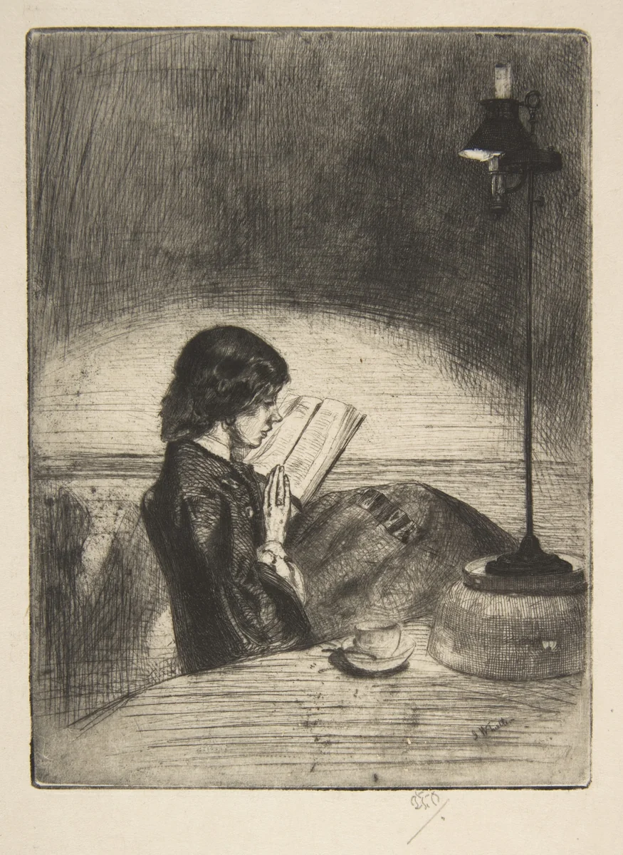 Reading by Lamplight by James McNeill Whistler, print, 1859