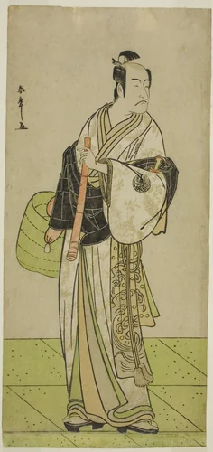 The Actor Ichikawa Ebizo as Kudo Suketsune Disguised as a Komuso in the Play Waka Murasaki Edokko Soga, Performed at the Ichimura Theater in the First Month, 1792 by Katsukawa Shunsho (勝川 春章), print, 1787-1797