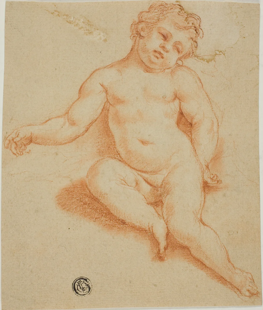 Seated Putto by Unknown Artist, drawing, 1600-1699