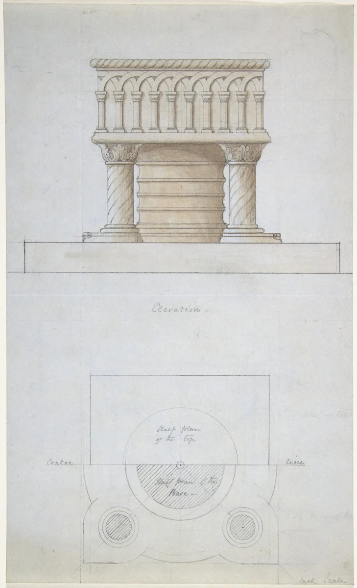 One Font and Plan (recto); Two Romanesque Style Fonts (verso) by anonymous, drawing, 1840-1870
