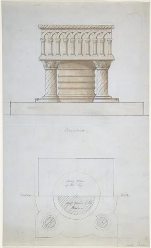 One Font and Plan (recto); Two Romanesque Style Fonts (verso) by anonymous, drawing, 1840-1870