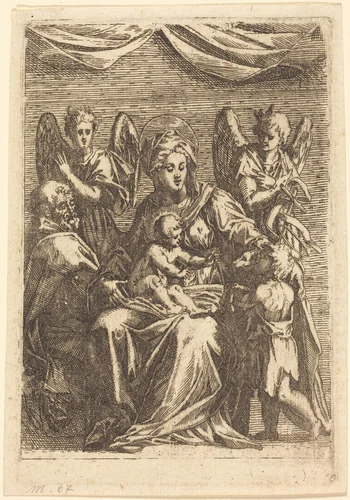 The Holy Family with Two Angels by Jacques Callot, print, 1614