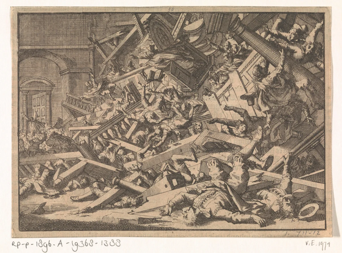Ingestorte galerij tijdens een katholieke godsdienstoefening in het huis van de Spaanse gezant te Londen, 1623 by Jan Luyken, print, 1698