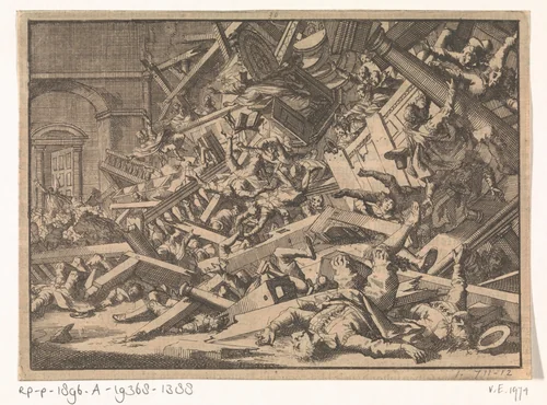 Ingestorte galerij tijdens een katholieke godsdienstoefening in het huis van de Spaanse gezant te Londen, 1623 by Jan Luyken, print, 1698