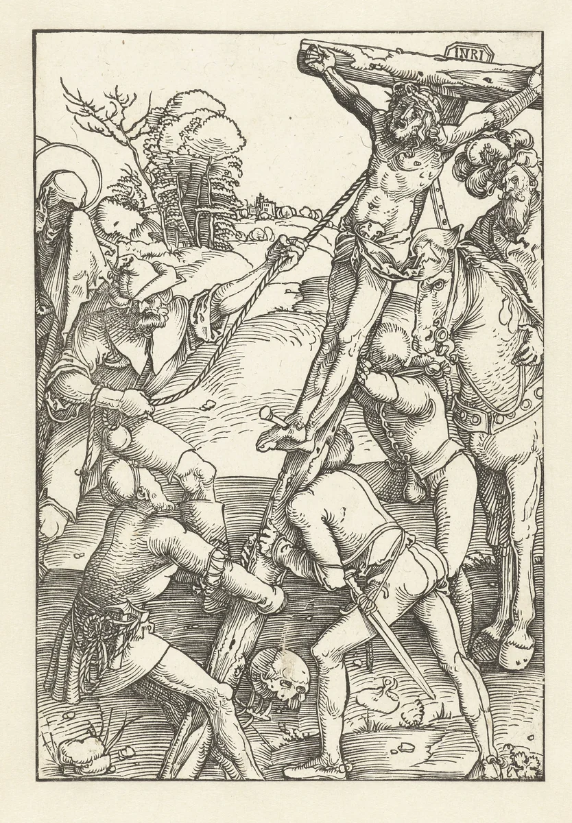 Oprichting van het kruis van Christus by Hans Baldung Grien, print, 1507
