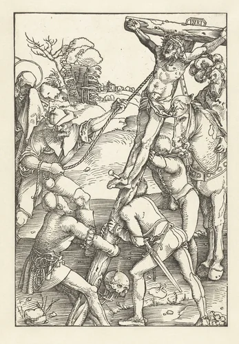 Oprichting van het kruis van Christus by Hans Baldung Grien, print, 1507
