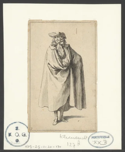 Heer in lange cape, met hoed, van voren gezien by Sébastien Leclerc, print, 1685