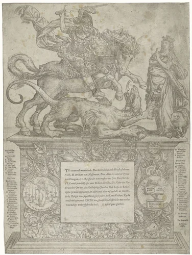 Willem van Oranje als Sint-Joris, ca. 1577 by Unknown, print, 1577