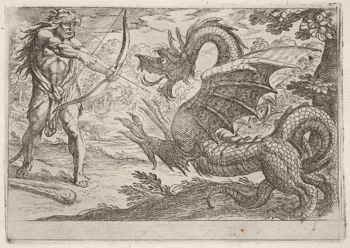 Hercules and the Serpent Ladon, from "The Labors of Hercules" by Antonio Tempesta, print, 1608