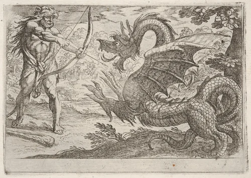 Hercules and the Serpent Ladon, from "The Labors of Hercules" by Antonio Tempesta, print, 1608