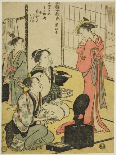 Hairdressing Room (Kamibeya), from the series "Ten Kinds of Incense in the Pleasure Quarters (Seiro jisshu ko)" by Torii Kiyonaga (鳥居清長), print, 1788-1799