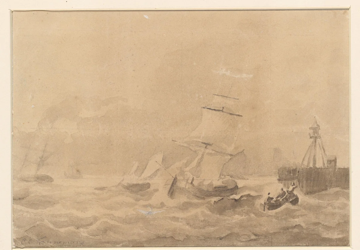 Woelige zee met zeilschepen by Christiaan Cornelis Kannemans, drawing, 1822-1884
