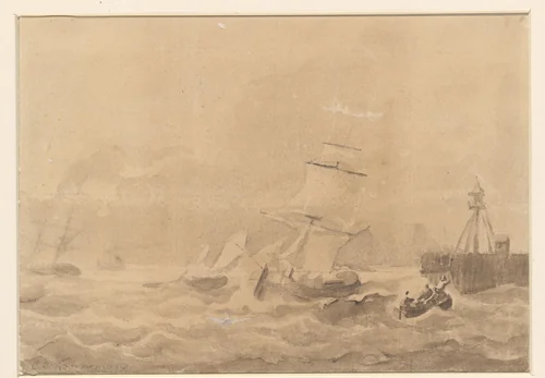 Woelige zee met zeilschepen by Christiaan Cornelis Kannemans, drawing, 1822-1884