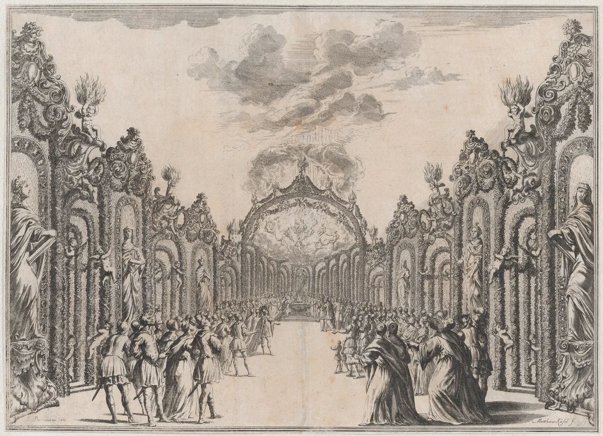 A sacrifice to the Olympian gods taking place at the end of a path lined with statues and foliage; set design from 'Il Fuoco Eterno' by Mathäus Küsel, print, 1674