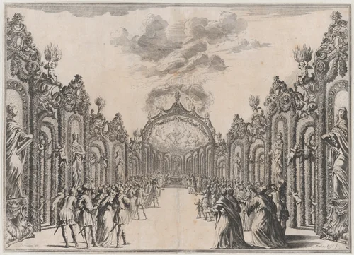 A sacrifice to the Olympian gods taking place at the end of a path lined with statues and foliage; set design from 'Il Fuoco Eterno' by Mathäus Küsel, print, 1674