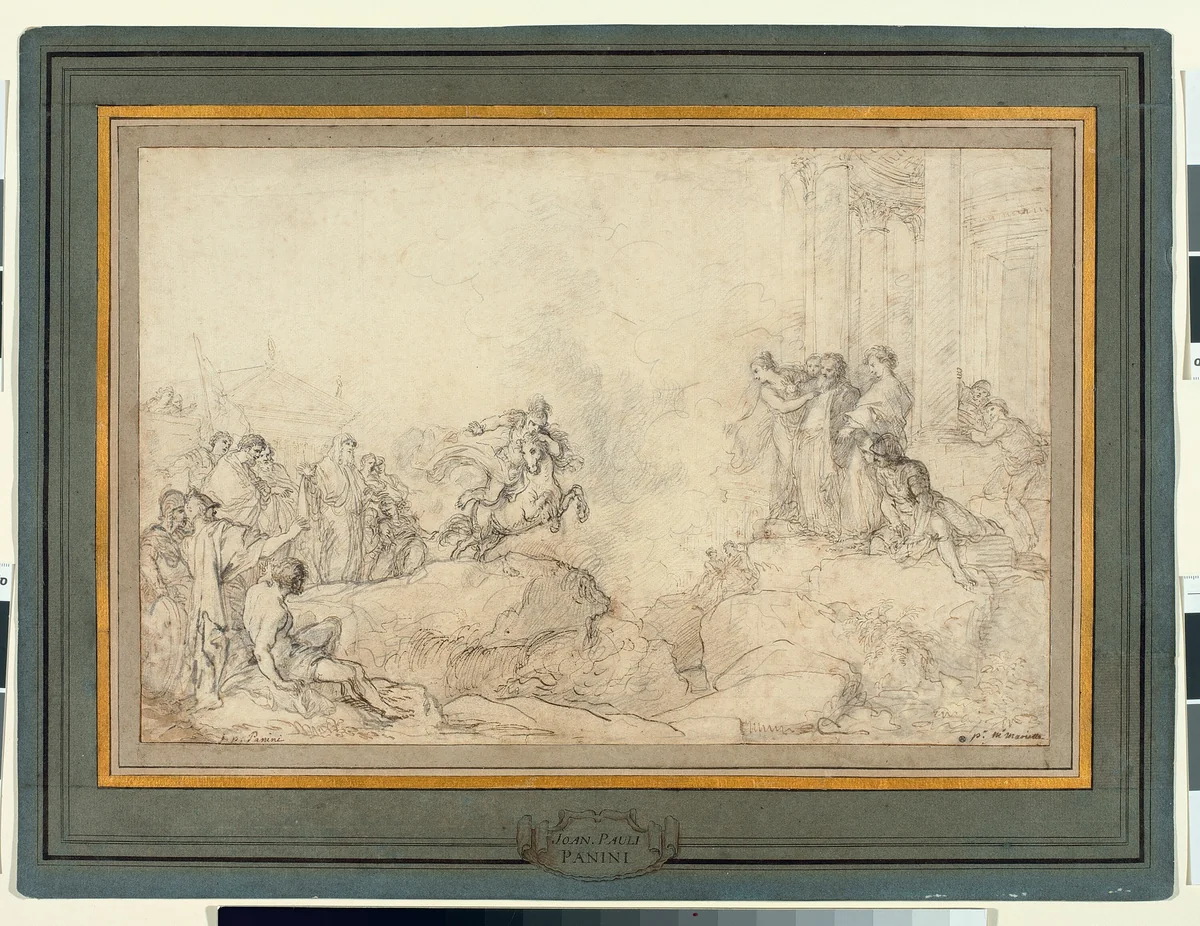 Marcus Curtius Leaping into the Chasm by Giovanni Paolo Panini, drawing, 1713-1723