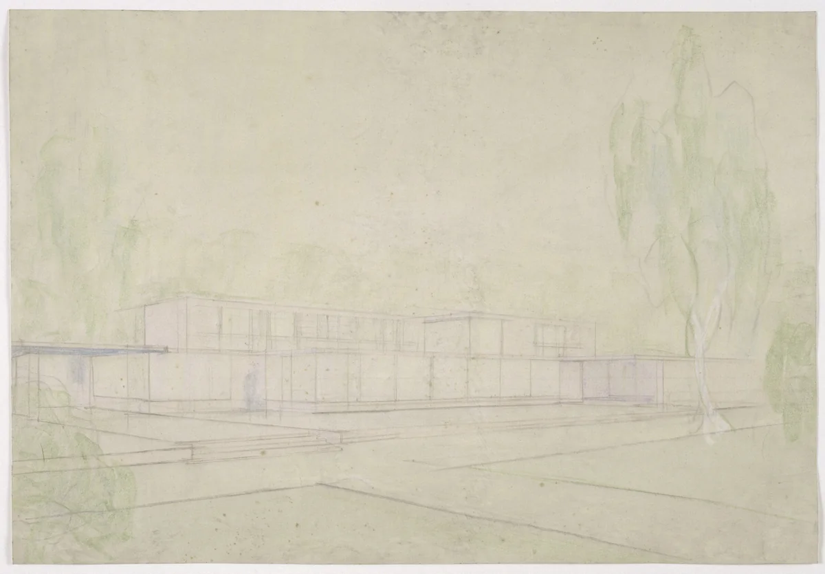 Josef Esters House, Krefeld, Germany, Perspective study of garden façade by Ludwig Mies van der Rohe, mies van der rohe archive, 1927