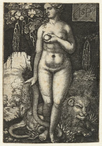Eva met slang en appel en liggende leeuw by Unknown, print, 1523