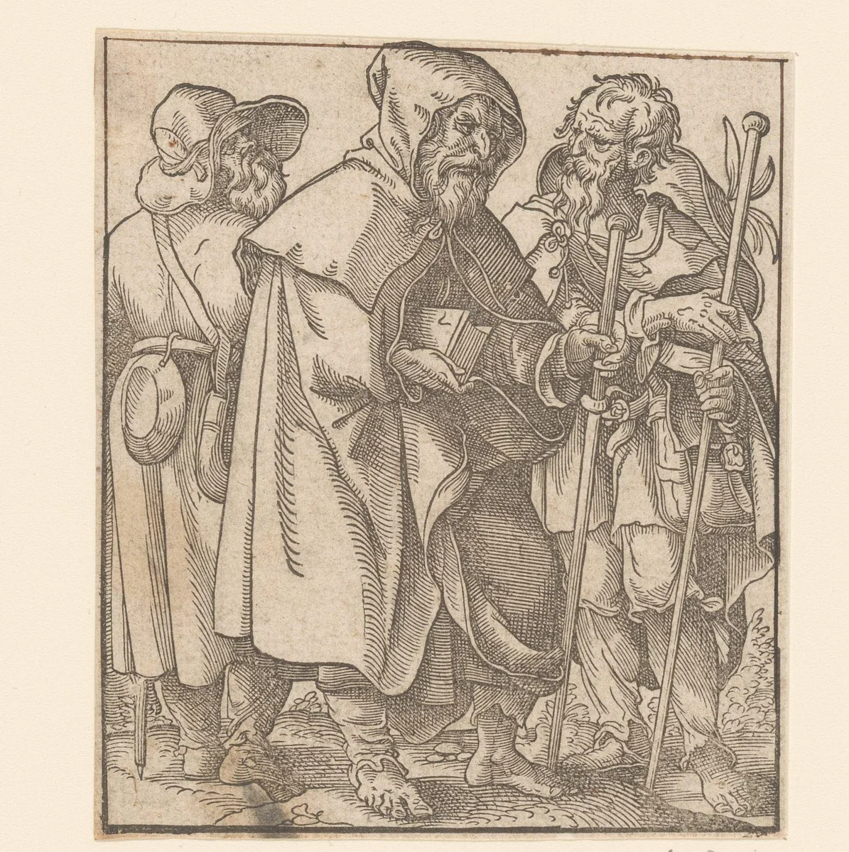 Drie pelgrims by anonymous, print, 1580