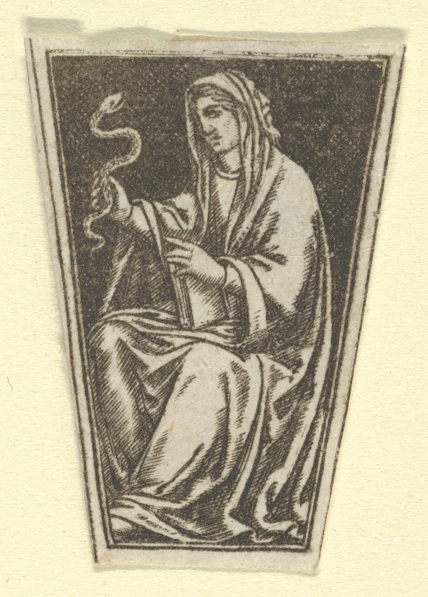 The cardinal virtue of Prudence represented by a seated woman holding a snake in her right hand (possibly a modern impression) by anonymous, print, 1475-1485