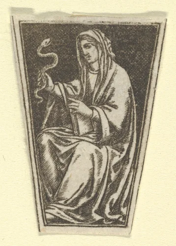 The cardinal virtue of Prudence represented by a seated woman holding a snake in her right hand (possibly a modern impression) by anonymous, print, 1475-1485