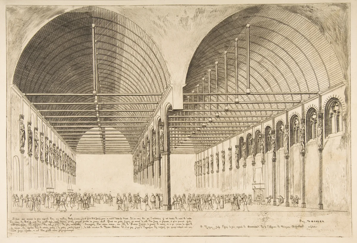 La salle des pas-perdus a l'ancien Palais de Justice (The antechamber of the Palais de Justice, Paris) by Charles Meryon, print, 1855