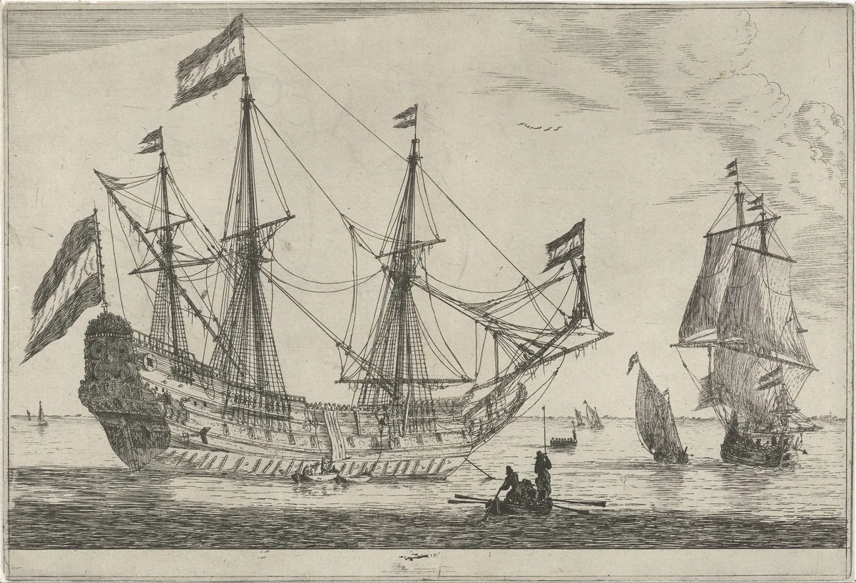 Groot zeilschip en een roeiboot by Reinier Nooms, print, 1650-1664