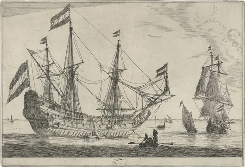 Groot zeilschip en een roeiboot by Reinier Nooms, print, 1650-1664