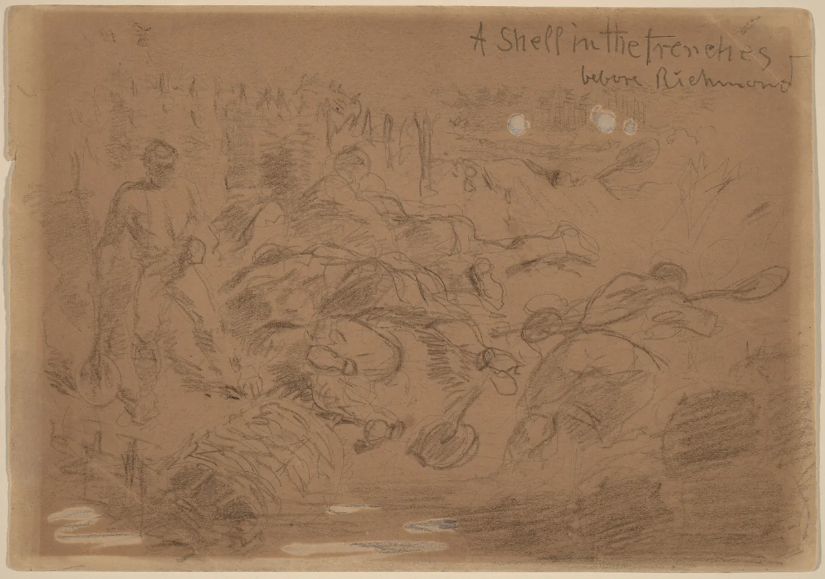 A Shell in the Trenches before Richmond [recto] by Winslow Homer, drawing, 1862