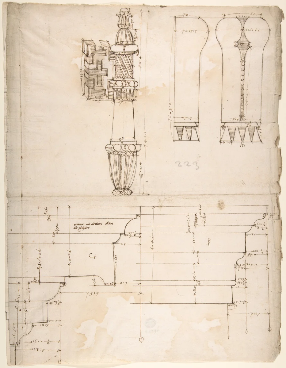 St. Peter's, cornice and architrave, profile; key, elevation; triglyph and guttae, elevation and section (recto) blank (verso) by anonymous, drawing, 1500-1560