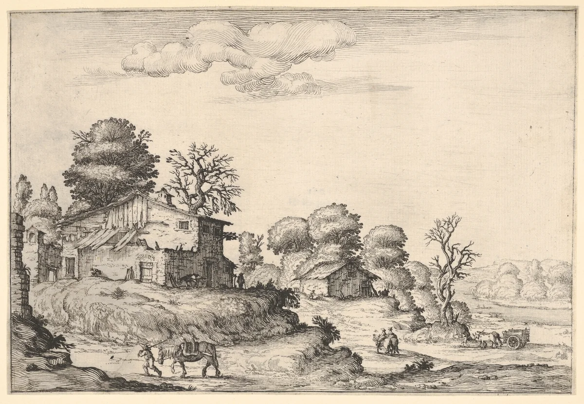 Landscape with peasant dwellings and a man leading a horse in the left foreground, from a series of landscapes dedicated to the Grand Duke of Tuscany by Ercole Bazicaluva, print, 1638