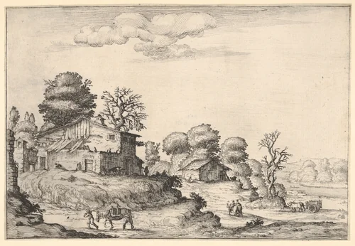 Landscape with peasant dwellings and a man leading a horse in the left foreground, from a series of landscapes dedicated to the Grand Duke of Tuscany by Ercole Bazicaluva, print, 1638