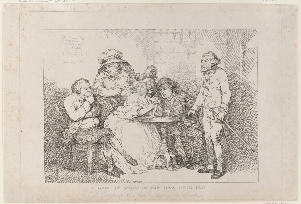 A Lady in Limbo, or Jew Bail Rejected by Thomas Rowlandson, print, 1785