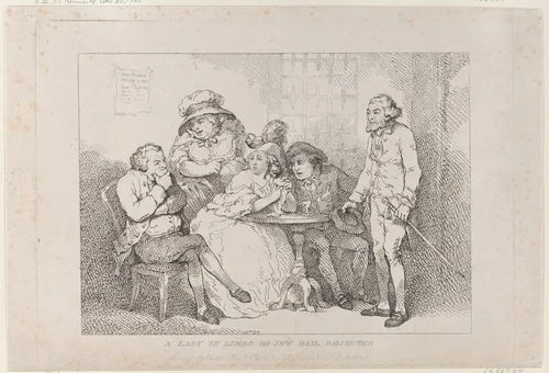 A Lady in Limbo, or Jew Bail Rejected by Thomas Rowlandson, print, 1785