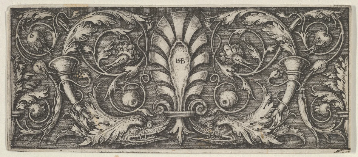 Horizontal Panel with a Central Palmette, Two Dolphins, and Meandering Tendrils by Sebald Beham, print, 1531-1550