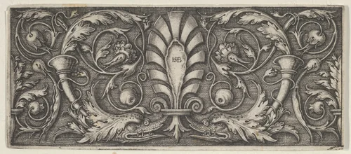 Horizontal Panel with a Central Palmette, Two Dolphins, and Meandering Tendrils by Sebald Beham, print, 1531-1550